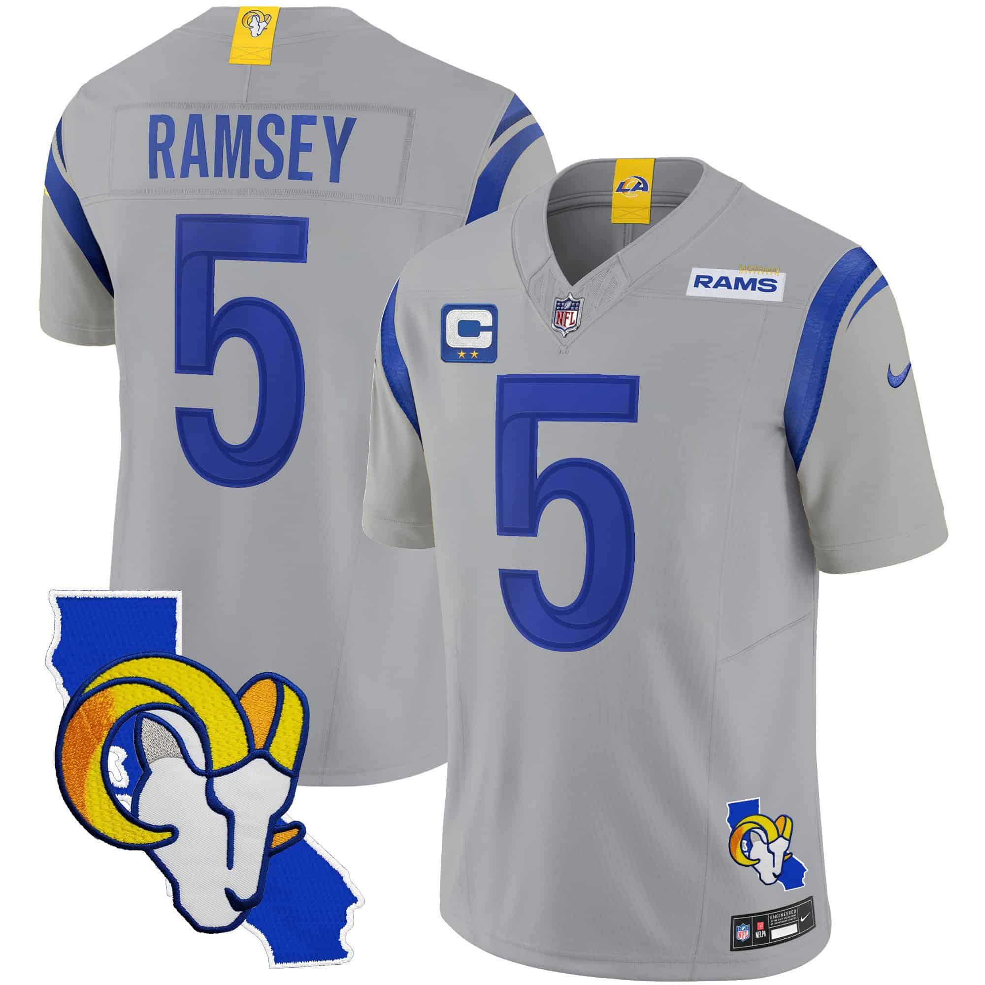 Men Los Angeles Rams #5 Ramsey Grey 2024 Nike California Patch Vapor Limited NFL Jersey style 1